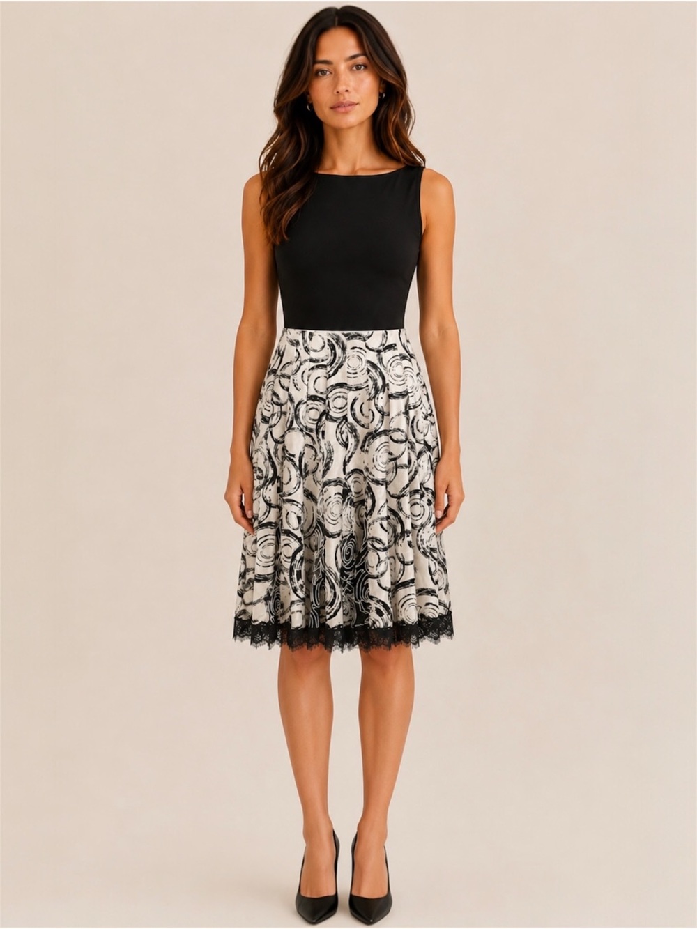 Carmen Marc Valvo 100% Silk Black & Ivory Flowy Swirl Skirt with Lace Hem Size 6